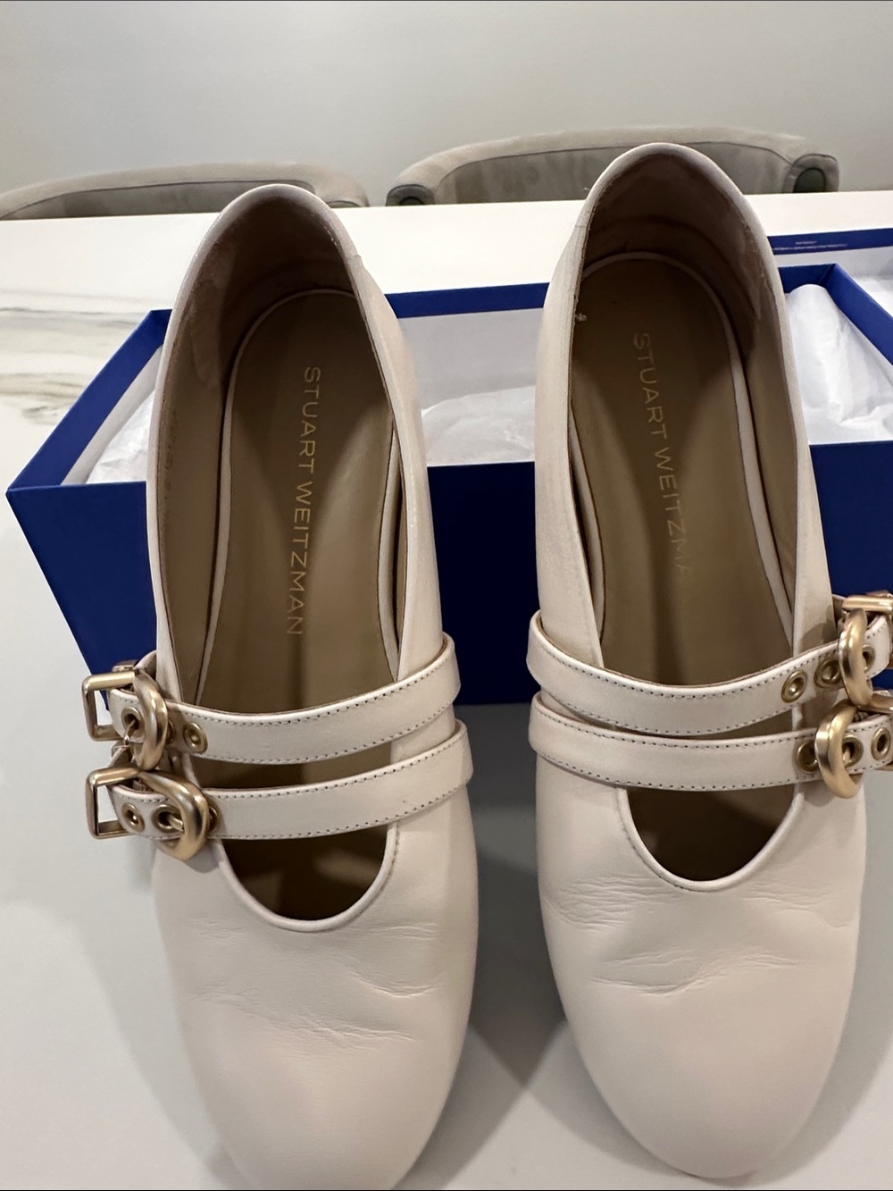 Stuart Weitzman Cream Double-Strap Mary Jane Flats